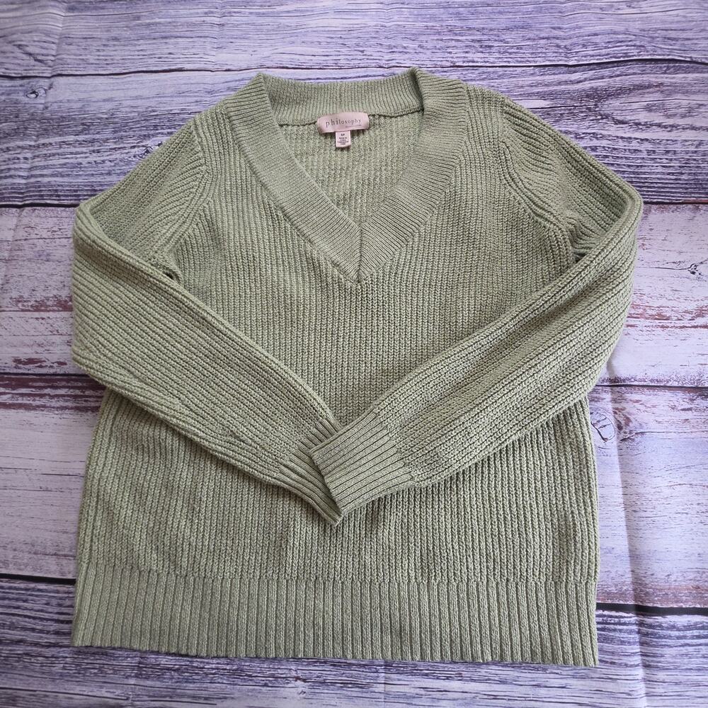 Philosophy Women's Ribbed Knit V-Neck Sage Green Cozy Sweater Size S/P